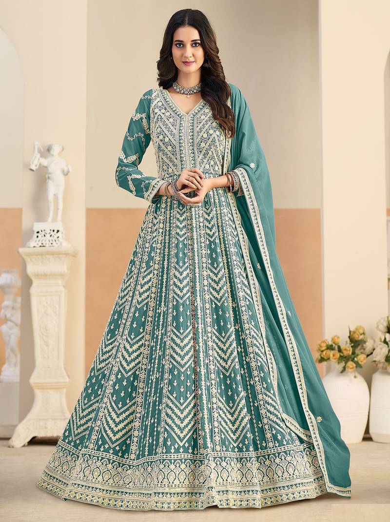 Teal georgette sequins work salwar suits free size up to 42