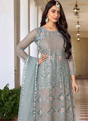 Grey net sequins work semi stitched salwar suits suits size up to 42 2