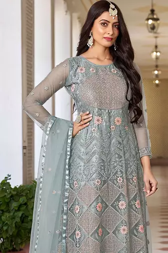 Grey net sequins work semi stitched salwar suits suits size up to 42