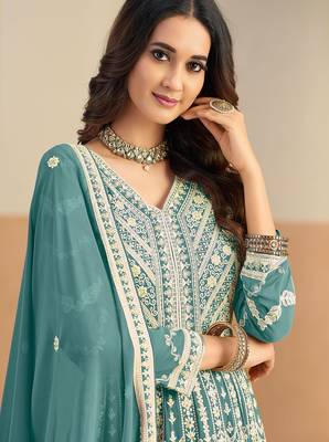 Teal georgette sequins work salwar suits free size up to 42 2