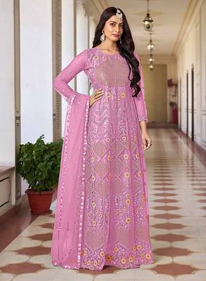 Pink net sequins work semi stitched salwar suits suits size up to 42 1