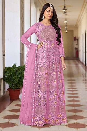 Pink net sequins work semi stitched salwar suits suits size up to 42