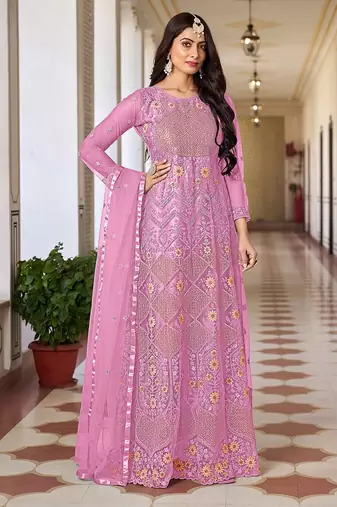 Pink net sequins work semi stitched salwar suits suits size up to 42