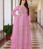 Pink net sequins work semi stitched salwar suits suits size up to 42