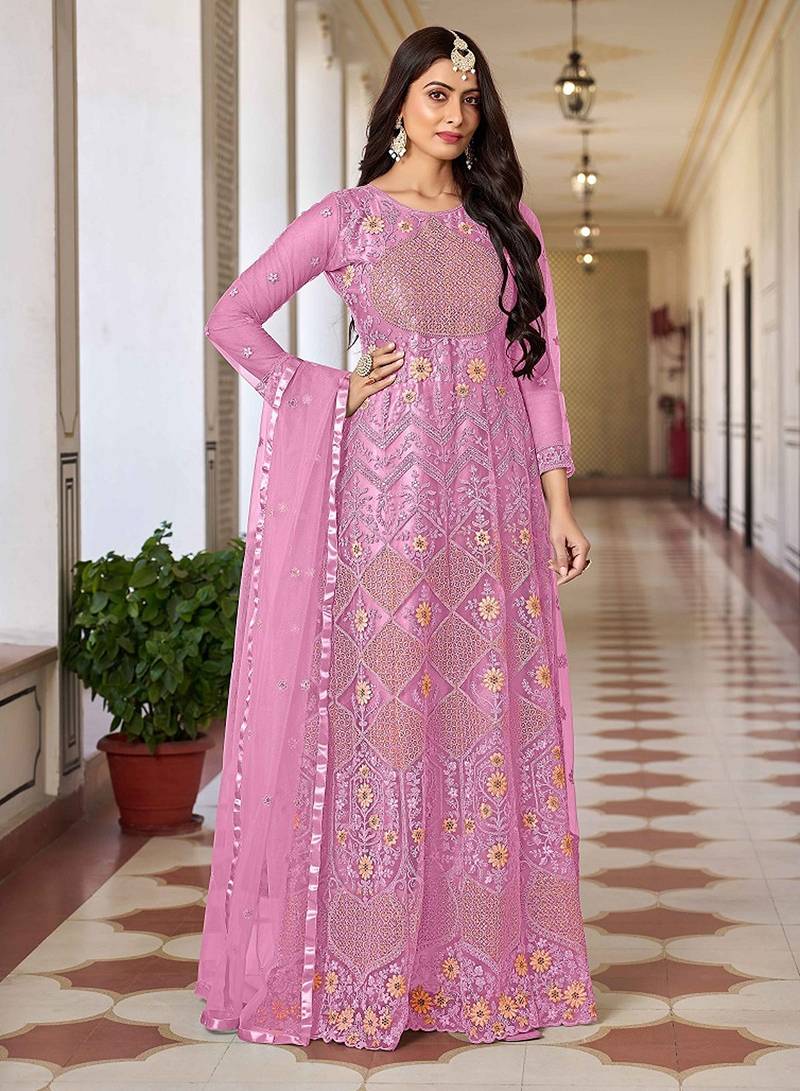 Pink net sequins work semi stitched salwar suits suits size up to 42