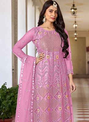 Pink net sequins work semi stitched salwar suits suits size up to 42 2