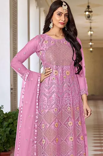 Pink net sequins work semi stitched salwar suits suits size up to 42