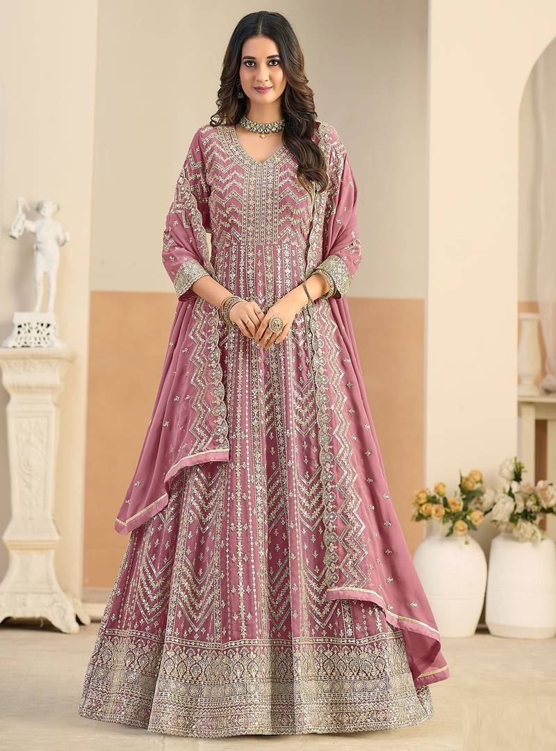 Pink georgette sequins work salwar suits free size up to 42