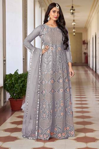 Grey net sequins work semi stitched salwar suits suits size up to 42