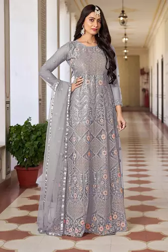 Grey net sequins work semi stitched salwar suits suits size up to 42
