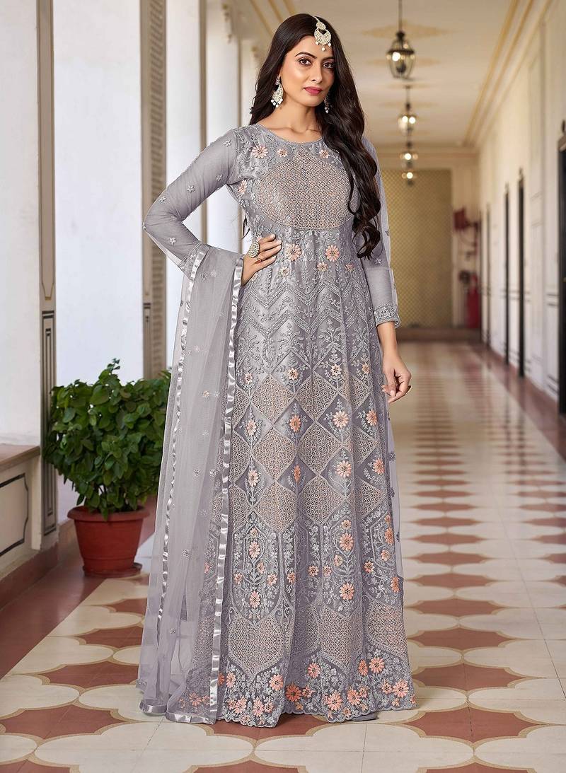 Grey net sequins work semi stitched salwar suits suits size up to 42