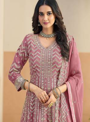 Pink georgette sequins work salwar suits free size up to 42 2