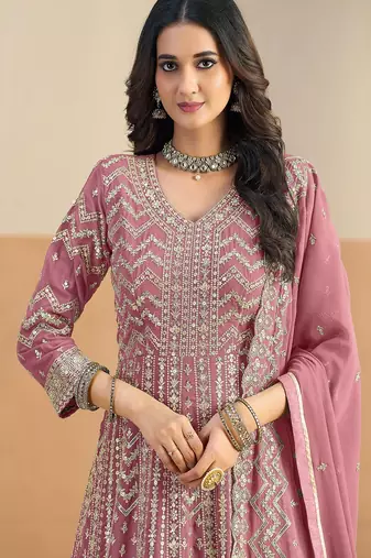 Pink georgette sequins work salwar suits free size up to 42