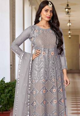 Grey net sequins work semi stitched salwar suits suits size up to 42 2