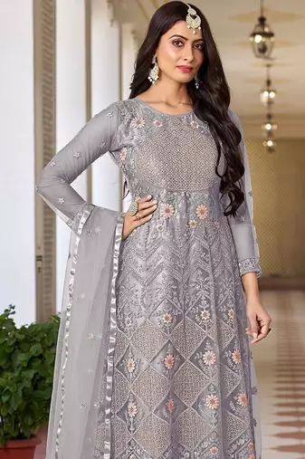 Grey net sequins work semi stitched salwar suits suits size up to 42
