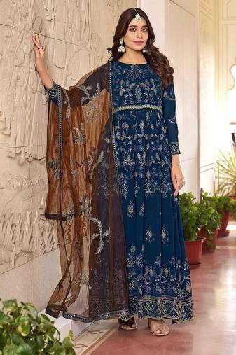 Blue georgette sequins work semi stitched salwar suits suits size up to 42