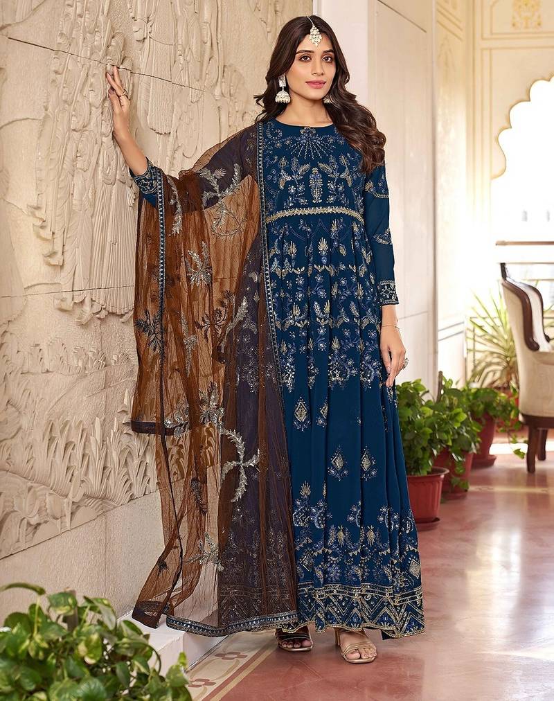 Blue georgette sequins work semi stitched salwar suits suits size up to 42