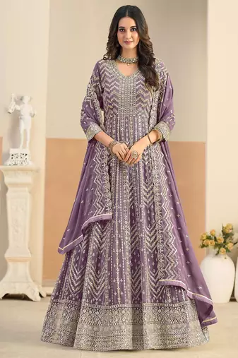 Purple georgette sequins work salwar suits free size up to 42