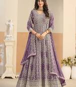 Purple georgette sequins work salwar suits free size up to 42