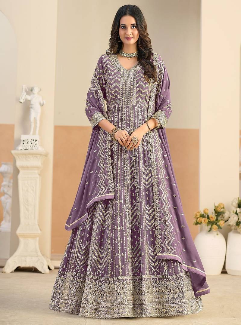 Purple georgette sequins work salwar suits free size up to 42