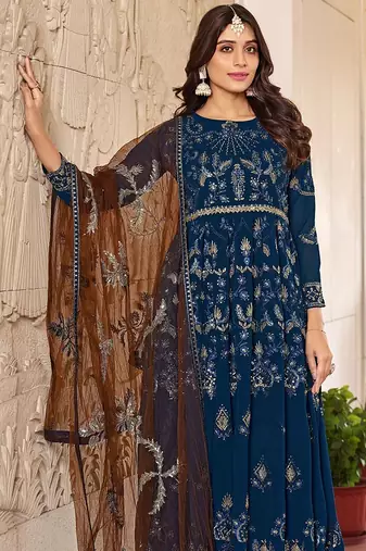 Blue georgette sequins work semi stitched salwar suits suits size up to 42
