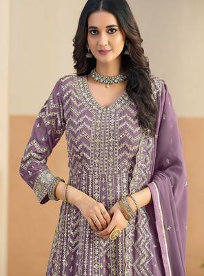 Purple georgette sequins work salwar suits free size up to 42 2