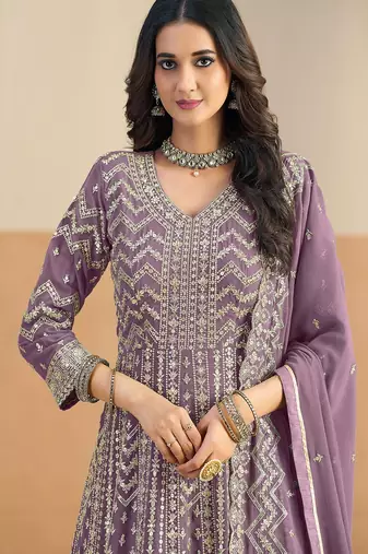 Purple georgette sequins work salwar suits free size up to 42