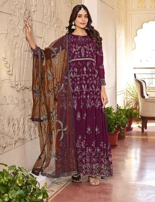Purple georgette sequins work semi stitched salwar suits suits size up to 42 1