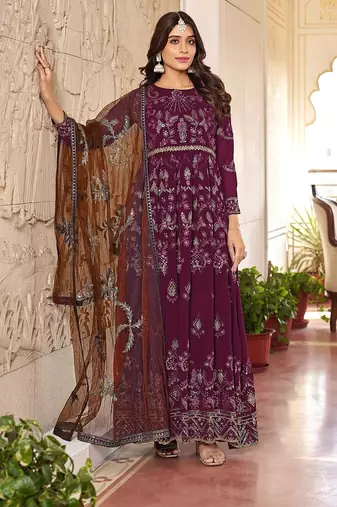 Purple georgette sequins work semi stitched salwar suits suits size up to 42