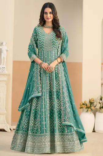 Teal georgette sequins work salwar suits free size up to 42