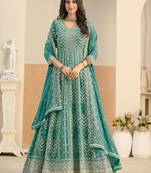 Teal georgette sequins work salwar suits free size up to 42