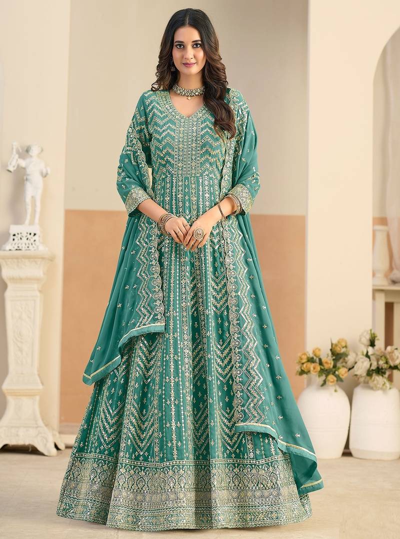 Teal georgette sequins work salwar suits free size up to 42