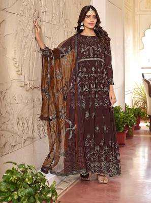 Brown georgette sequins work semi stitched salwar suits suits size up to 42 1