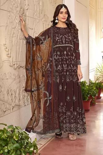 Brown georgette sequins work semi stitched salwar suits suits size up to 42