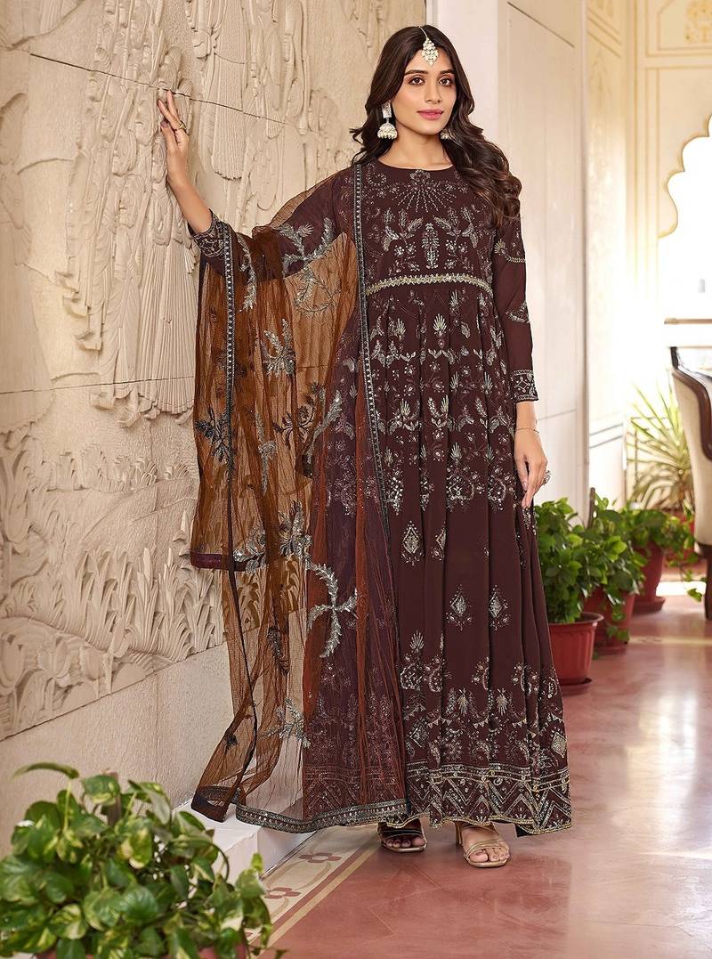 Brown georgette sequins work semi stitched salwar suits suits size up to 42