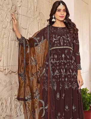 Brown georgette sequins work semi stitched salwar suits suits size up to 42 2