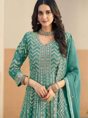 Teal georgette sequins work salwar suits free size up to 42 2
