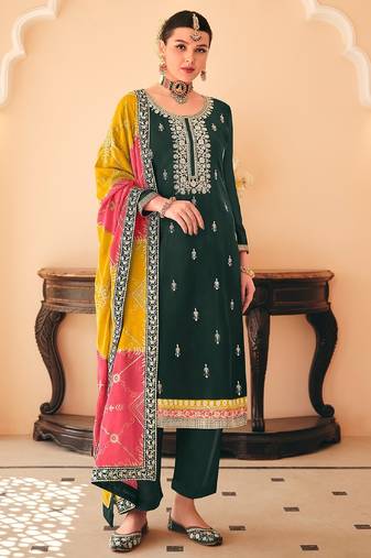 Green chiffon sequins work semi stitched salwar suits suits size up to 42