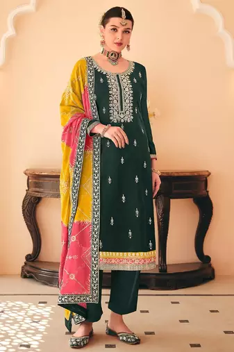 Green chiffon sequins work semi stitched salwar suits suits size up to 42