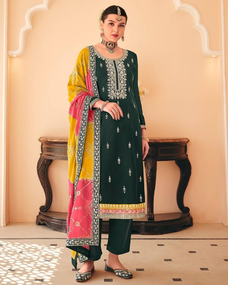 Green chiffon sequins work semi stitched salwar suits suits size up to 42