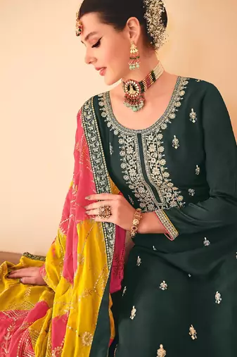 Green chiffon sequins work semi stitched salwar suits suits size up to 42