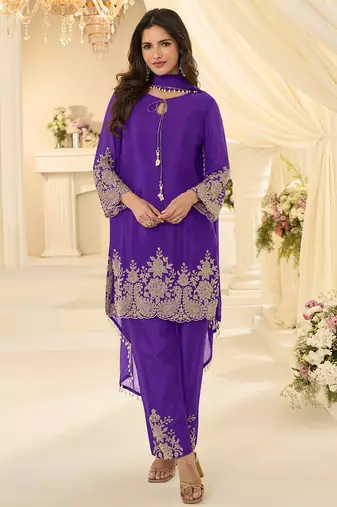 Purple silk blend sequins work salwar suits free size up to 42