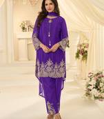 Purple silk blend sequins work salwar suits free size up to 42