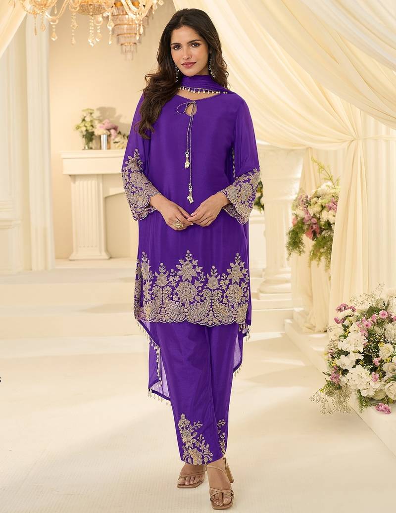 Purple silk blend sequins work salwar suits free size up to 42