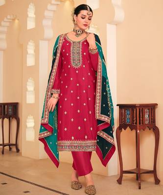 Pink chiffon sequins work semi stitched salwar suits suits size up to 42 1