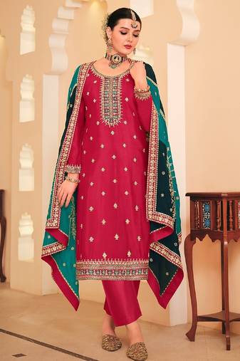 Pink chiffon sequins work semi stitched salwar suits suits size up to 42