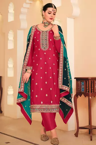 Pink chiffon sequins work semi stitched salwar suits suits size up to 42