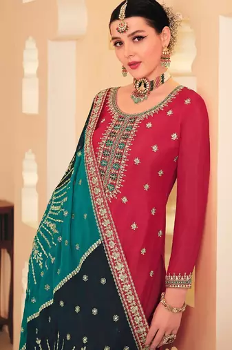 Pink chiffon sequins work semi stitched salwar suits suits size up to 42