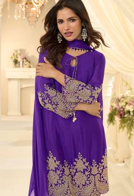 Purple silk blend sequins work salwar suits free size up to 42 2