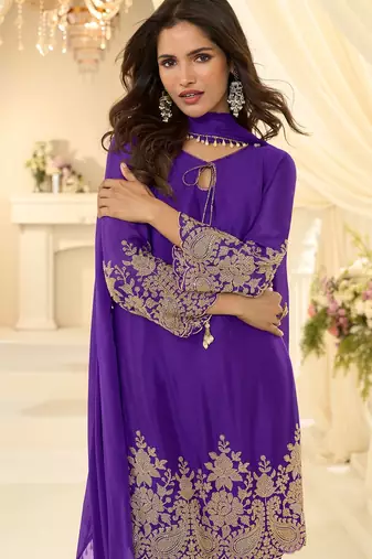 Purple silk blend sequins work salwar suits free size up to 42